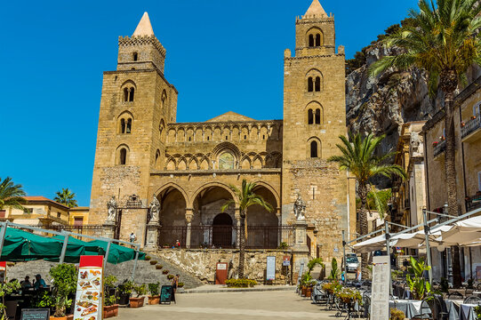 The Norman cathedral of Cefalu, Sicily and surrounding square in summer