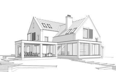 3d rendering of modern cozy clinker house on the ponds with garage and pool for sale or rent. Black line sketch with soft light shadows on white background