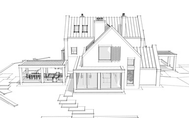 3d rendering of modern cozy clinker house on the ponds with garage and pool for sale or rent. Black line sketch with soft light shadows on white background