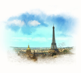 Panorama of clouds over Paris in the morning. Watercolor sketch