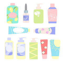 Big set of hand-drawn vector cosmetics: shampoos, creams, gels, masks isolated on white background. Flat cartoon design.