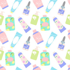 Colorful vector seamless pattern with different cosmetics items. Beauty illustration for your design.
