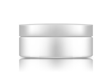 White cosmetic jar with cap mockup isolated from background: lotion, cream, mousse, powder. Plastic package design. Blank hygiene, medical, body or face care template. 3d vector illustration