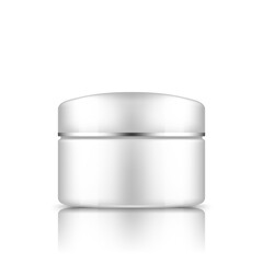 White cosmetic jar with silver strip on cap mockup isolated from background: lotion, cream, mousse, powder. Plastic package design. Blank medical, body or face care template. 3d vector illustration