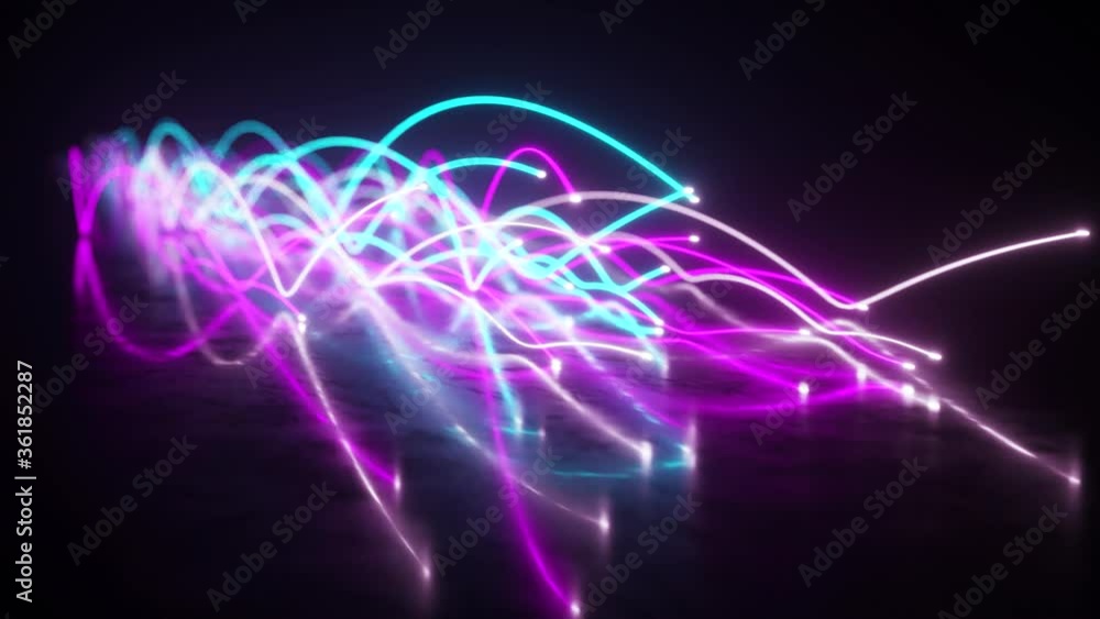 Poster spread of blue and violet neon fiber wires in space above the surface. the movement of the camera be