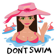 Vector girl in a hat with straight hair in the sea with buoys. Stop sign "Don't swim beyond the buoys!". Illustration for summer stickers, cards, labels, signs at resorts. Stock image of swimmer girl.