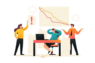 Fall in sales, the team of specialists in a panic. Flat 2D character. Concept for web design