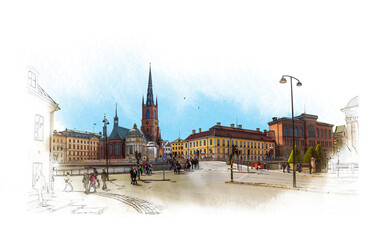 Riddarholmen Church, Central Stockholm.Until the middle of the XX century, Swedish rulers were buried in Church crypts. Stockholm, Sweden. Watercolor sketch.