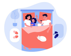 Kids sleeping in parents bed. Happy mom and dad lying and hugging asleep children. Family taking nap all together. Vector illustration for love, co-sleeping with child concept