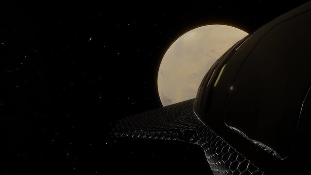 Close up of Space noes or cockpit or ( Top half ) of X starship flying towards Mars with stars in the frame. (Computer Generated)