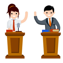 Presidential debate. Dialogue between man and woman behind the podium. speech of lecturer at lectures. Controversy girl and guy in suits. Red vs blue. Flat cartoon. Political election and voting