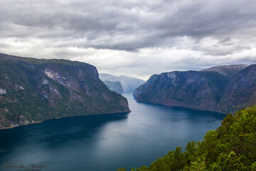clouds over Aurlandsfjord and Stagestein viewpoint in Norway