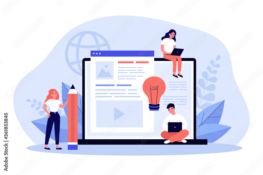Canvas Prints blog authors writing articles. freelance writers with laptops creating internet content. vector illu