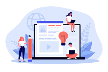 Blog authors writing articles. Freelance writers with laptops creating internet content. Vector illustration for online education, people of creative job, seo marketing concept - obrazy, fototapety, plakaty