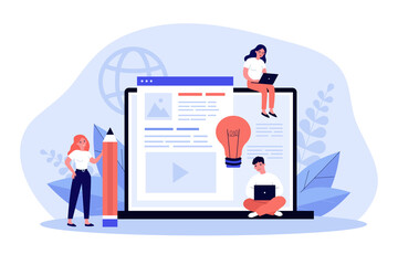 Blog authors writing articles. Freelance writers with laptops creating internet content. Vector illustration for online education, people of creative job, seo marketing concept