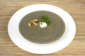 Mushroom soup and champignon. View from above