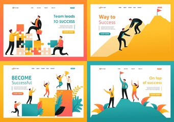 Flat 2D illustration on the topic of achieving success as a team, the path to success, teamwork. For Landing page concepts and web design