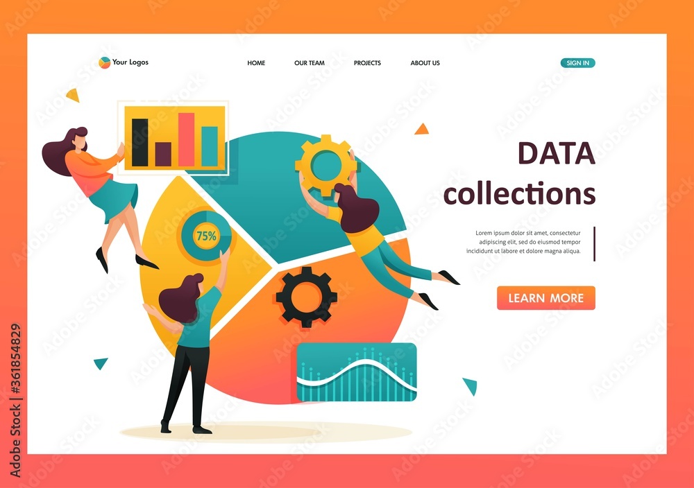 Poster Large chart and a set of analytical data, data collection and employees. Flat 2D character. Landing page concepts and web design