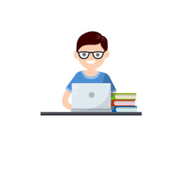 Man is sitting at table with laptop. Training and education. Work as programmer and freelance. Young man. Hobbies and entertainment. Cartoon flat illustration. Pile of book