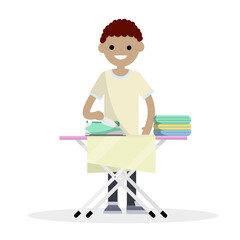 Cartoon flat illustration- a young guy in clothes stands with an Ironing Board and an iron. cleaning clothes and folded underwear. home care. Appliances for the home.