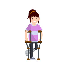 Woman with broken leg and crutches. Medical care. Trauma patient. Foot in bandage. Crack in bone. The girl in pink clothes. Cartoon flat illustration