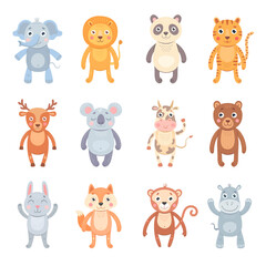 Obraz na płótnie Canvas Various baby animals flat icon set. Cute cartoon elephant, lion, hippo, panda, tiger, deer, monkey, cow, bear vector illustration collection. Zoo and jungle concept