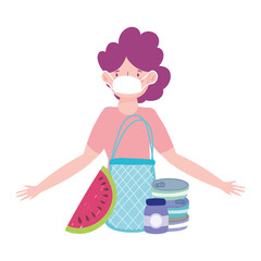woman with medical mask bag with food, delivery in grocery store