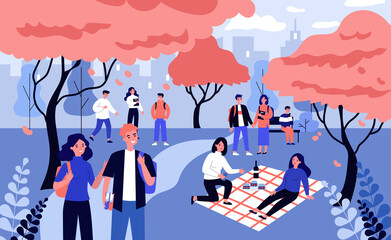Students enjoying leisure time in campus. Young people walking among trees with pink blossoms flat vector illustration. Spring, leisure, sakura concept for banner, website design or landing web page