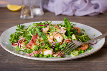 Shrimp bacon and green peas salad. Healthy food