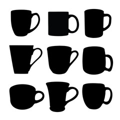 Mugs and cups in the set. Vector image.