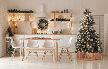 Christmas and New Year decorate the interior of the kitchen