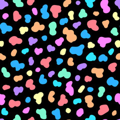 Fototapeta na wymiar Abstract confetti style colorful dots seamless pattern. Neon hand-drawn spots on black background. Rainbow colored repeating backdrop. Vector print.