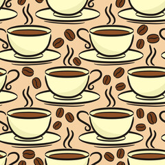 Obraz premium Seamless Hand-drawn coffee pattern. Cup and coffee beans. Background for cafe, restaurant, coffee shop or menu. Vector illustration.