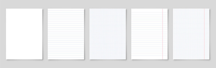 Realistic blank lined paper sheet with shadow in A4 format. Notebook or book page. Design template or mockup. Vector illustration.