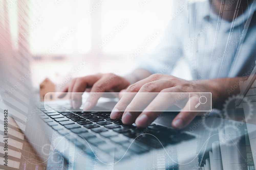 Leinwandbilder Data Search Technology Search Engine Optimization. man's hands are using a computer notebook to Searching for information.Using Search Console with your website.