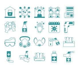 covid 19 coronavirus, prevention outbreak disease pandemic virus icons set line design icon