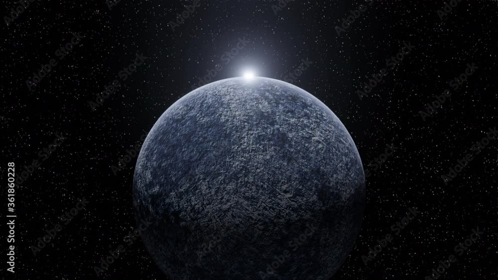 Canvas Prints sunrise on rotating blue ice planet in space. cold sun appears and flares. zoom in. camera approachi
