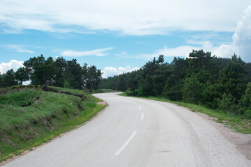 Fototapeta na wymiar Empty mountain asphalt road. Nature wallpaper. Road surrounded by green forest. 