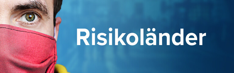 Risikoländer. Mann mit Mundschutz vor blauen Hintergrund mit Menschen. Corona, Krankheit, Medizin, Gesundheit, Virus © MQ-Illustrations