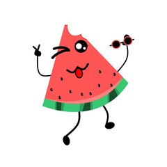 Vector illustration of watermelon character. Funny watermelon party character with human face, flat cartoon, doodle style vector illustration isolated on white background.