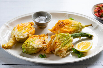 Fried courgette flowers stuffed with riccotta cheese
