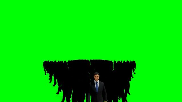 Businessmen crowd forming arrow shape pointing up, 4K, against Green Screen