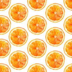 Watercolor fruit pattern. Seamless watercolour illustration. Bright colourful wallpaper, fabric, wrapping paper design. Watercolour background orange illustration. Hand drawn orange slice.
