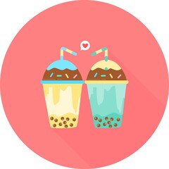 Milk tea with tapioca pearls in circle icon with long shadow illustration. Boba tea drink bright and pretty vector clip art. Bubble milk tea vector set design for milk tea ads.