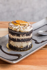 orange and chocolate cake wooden table