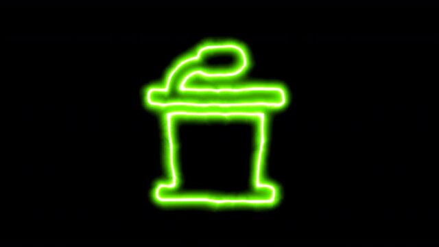 The appearance of the green neon symbol podium. Flicker, In - Out. Alpha channel Premultiplied - Matted with color black