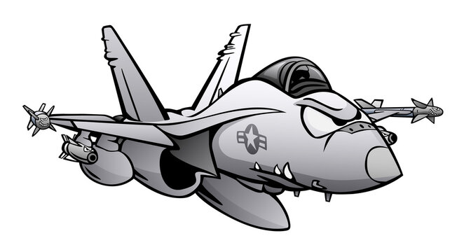 Military Fighter Attack Jet Airplane Cartoon Isolated Vector Illustration