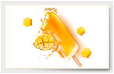 3 d.Mango ice cream.Popsicle ice cream on a stick.Slices of Mango. Picture for sale of fruit and ice cream. Vector image.