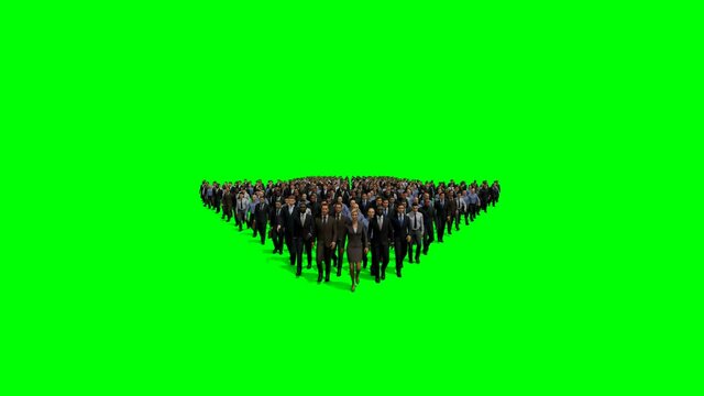 Businessmen with a businesswoman in front forming arrow shape pointing down, 4K against Green Screen