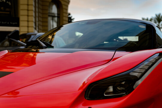 MONTE CARLO,  MONACO - AUG 13, 2017: Red Ferrari Car In Monte Carlo, A Place With Lots Of New High Class Automobiles